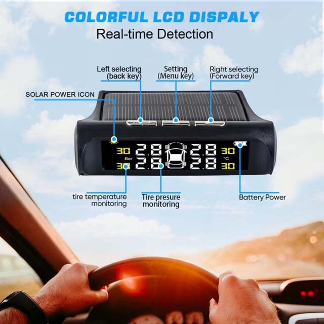 Tire Pressure Monitoring System Solar and USB Charging Wireless TPMS with 4 External Sensors 0-3.5Bar 6 Modes Auto Alarm System Sensor with Color LCD Display for Cars Trucks RVs