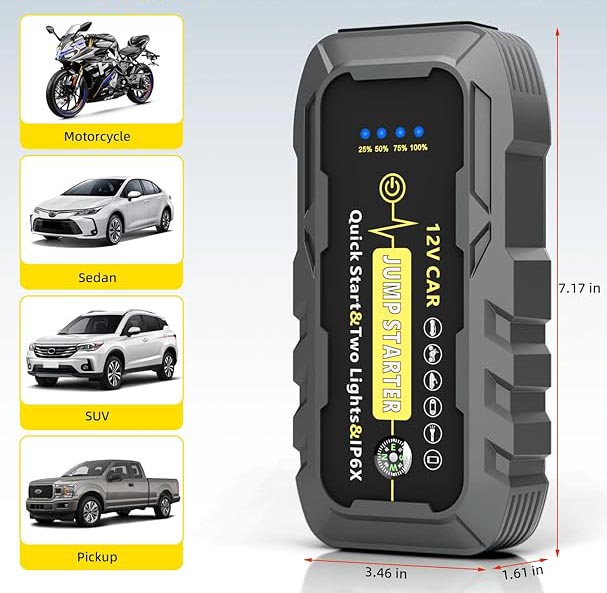 Car Battery Jump Starter with Power Bank, 12V Portable Jumpstarter Booster Pack with LED Light and Jumper Cabled for Up to 6L Petrol & 4L Diesel Engines A5 Emergency Tool Compass