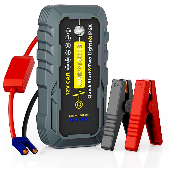 Car Battery Jump Starter with Power Bank, 12V Portable Jumpstarter Booster Pack with LED Light and Jumper Cabled for Up to 6L Petrol & 4L Diesel Engines A5 Emergency Tool Compass