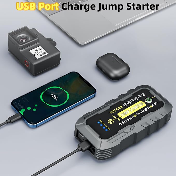 Car Battery Jump Starter with Power Bank, 12V Portable Jumpstarter Booster Pack with LED Light and Jumper Cabled for Up to 6L Petrol & 4L Diesel Engines A5 Emergency Tool Compass
