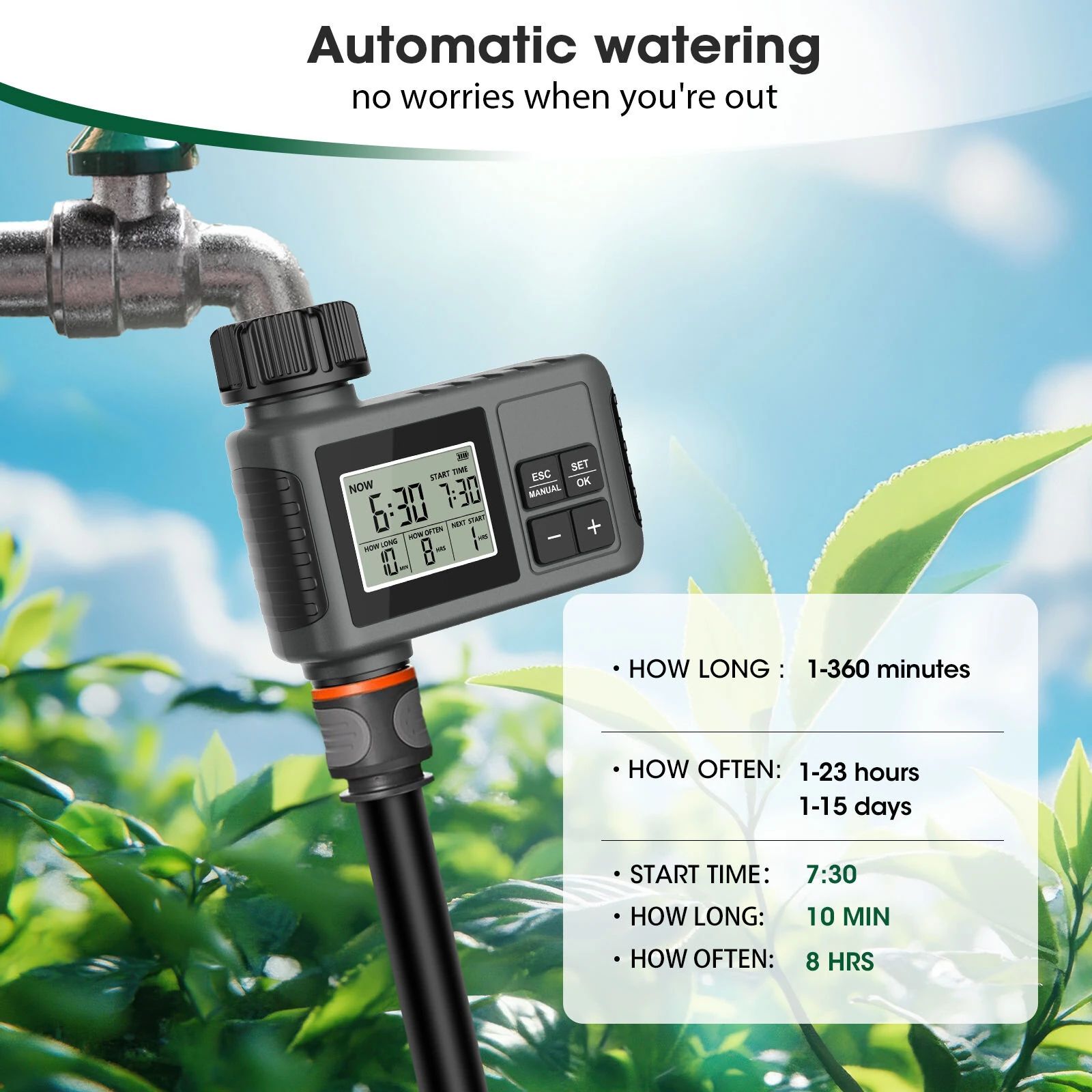 Irrigation Timer Intelligent Irrigation Watering System Sprinkler Timer Garden Programmer Equipment Waterproof LCD Display Flower Water Timing ABS UV Resistant SGW01 - 3/4" External Thread