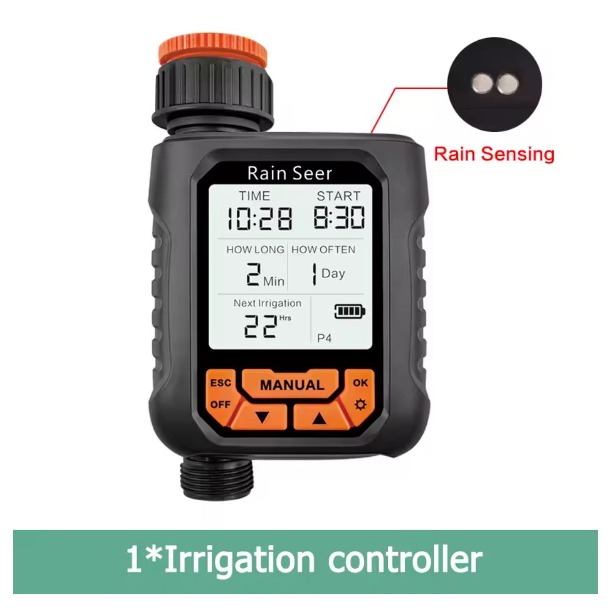 Rain Seer Watering Timer with Rain Sensor, Smart Programmable Hose Water Timer for Garden Yard Lawn Outdoor Digital Irrigation Auto/Manual 1 Outlet Large LCD Display Waterproof IP65 Home Rainfall Auto