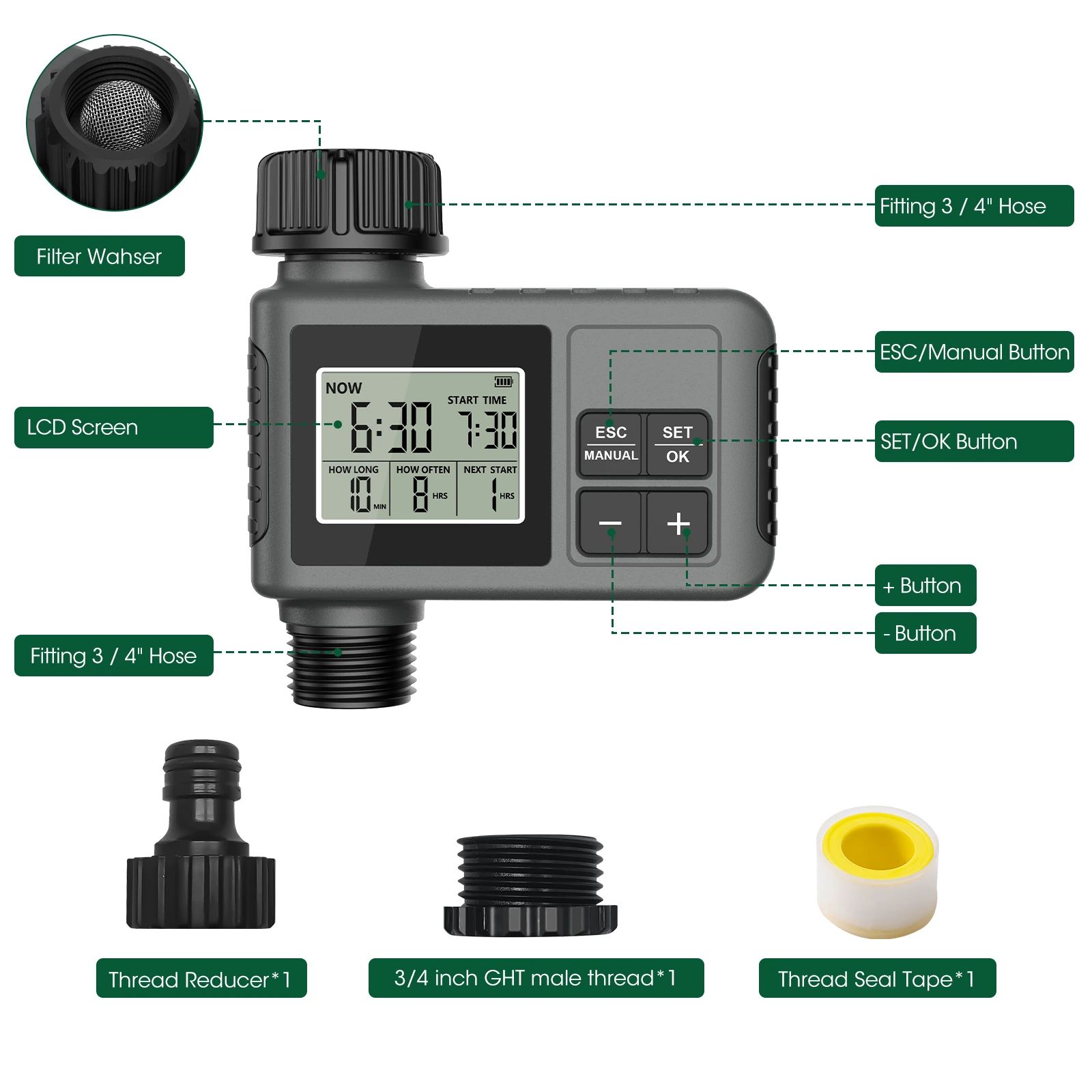 Irrigation Timer Intelligent Irrigation Watering System Sprinkler Timer Garden Programmer Equipment Waterproof LCD Display Flower Water Timing ABS UV Resistant SGW01 - 3/4" External Thread