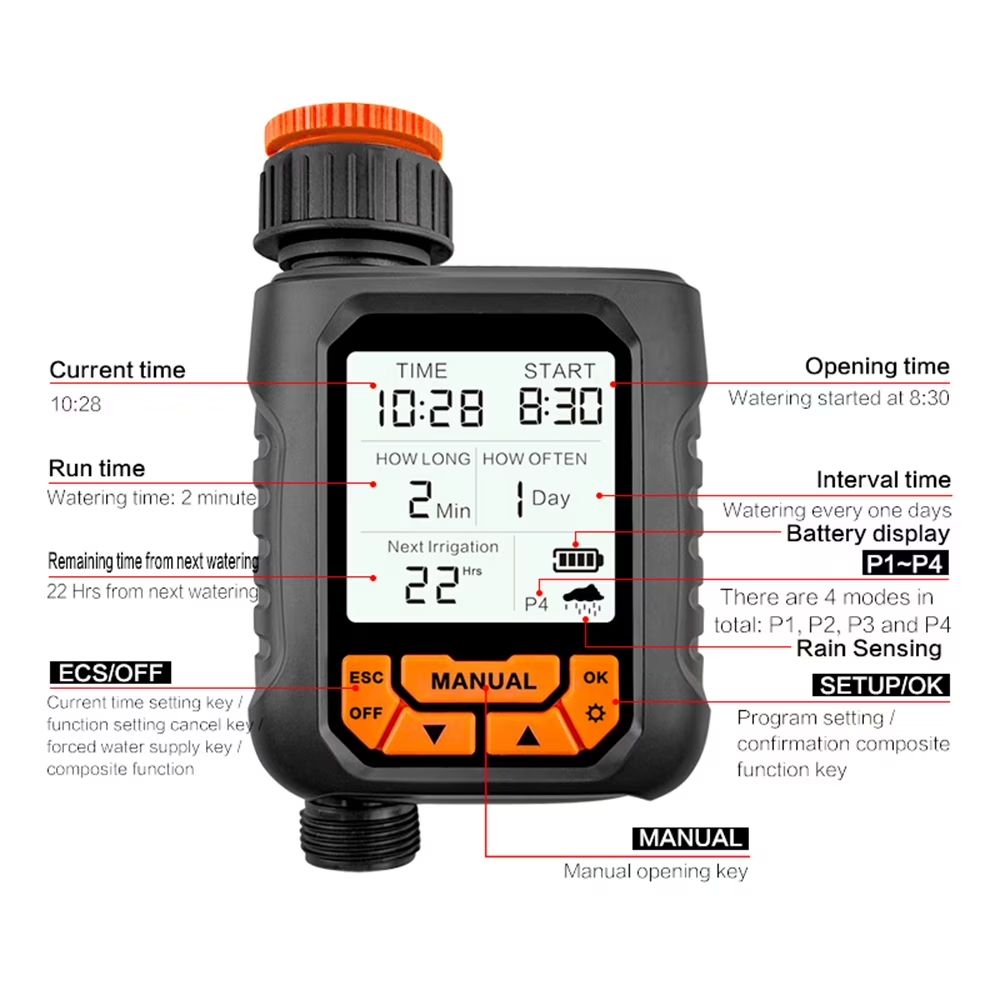Rain Seer Watering Timer with Rain Sensor, Smart Programmable Hose Water Timer for Garden Yard Lawn Outdoor Digital Irrigation Auto/Manual 1 Outlet Large LCD Display Waterproof IP65 Home Rainfall Auto