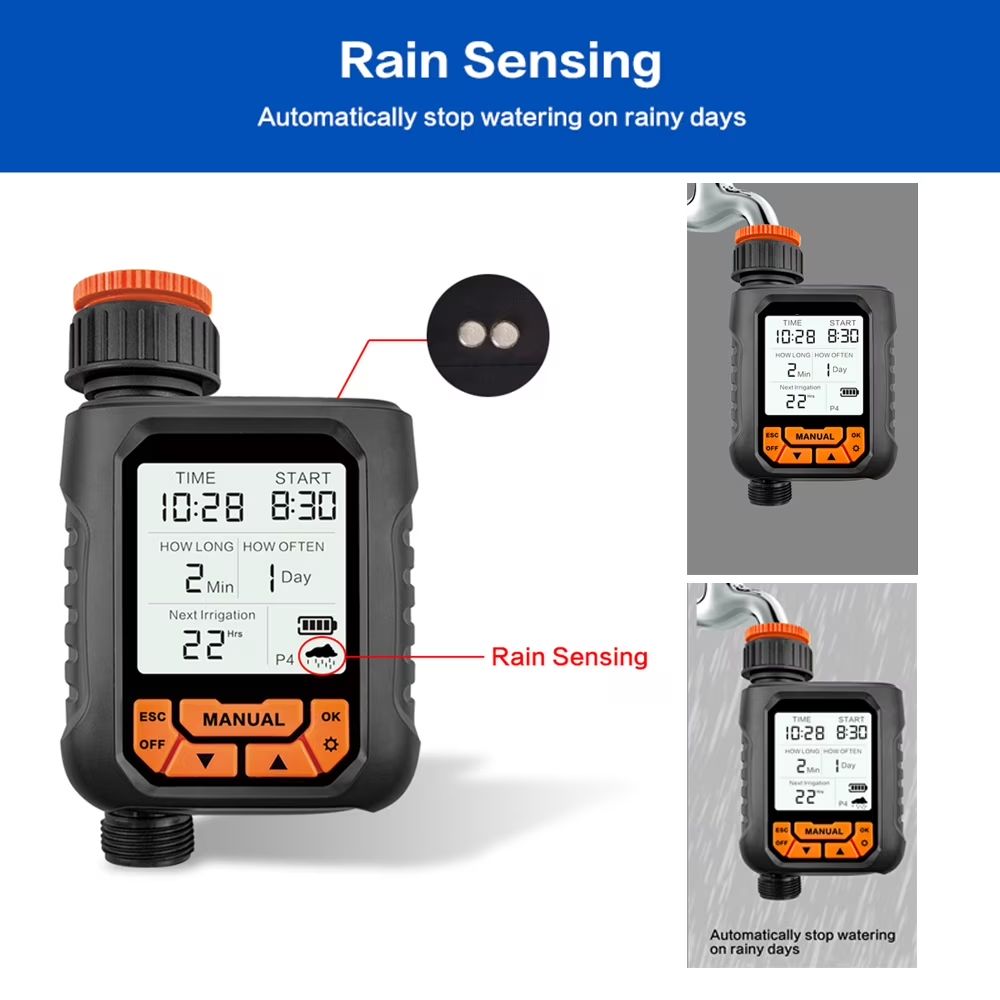 Rain Seer Watering Timer with Rain Sensor, Smart Programmable Hose Water Timer for Garden Yard Lawn Outdoor Digital Irrigation Auto/Manual 1 Outlet Large LCD Display Waterproof IP65 Home Rainfall Auto