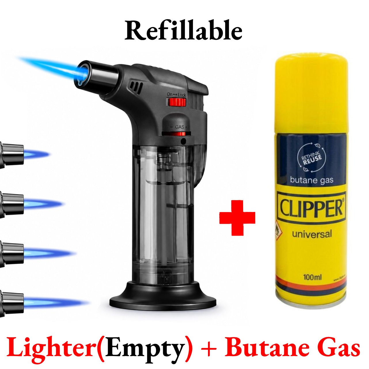 Blow Torch Fire Gun Jet Flame Refillable Butane Gas Lighter Windproof Resin art Barbeque Candle Bonfire Camping Cigar Lighter with Stand Windproof + 100ml Clipper Butane Refill Gas Canister