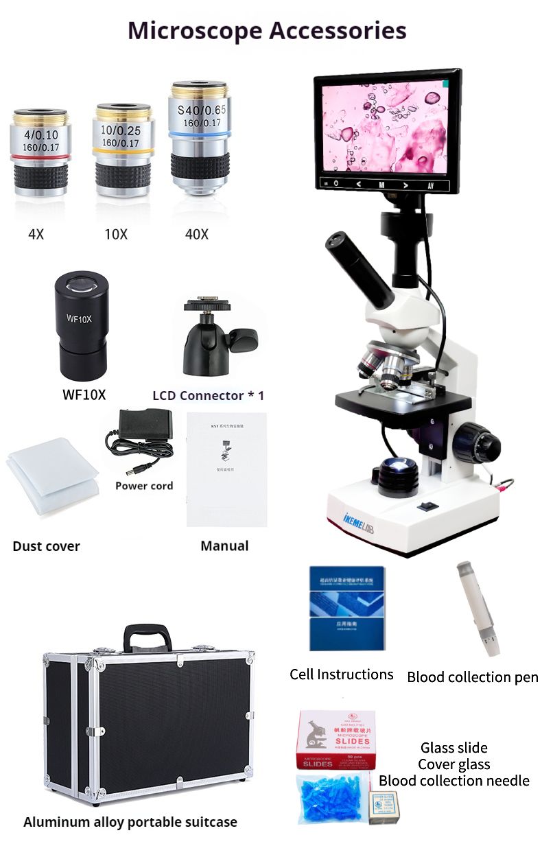 Professional Digital Compound Microscope 7 inches Screen 40X-400X Microscopios School Laboratory Use Microscopes Camera Screen Biological Analysis HD Binocular Student TV AV USB Electronic Eyepiece