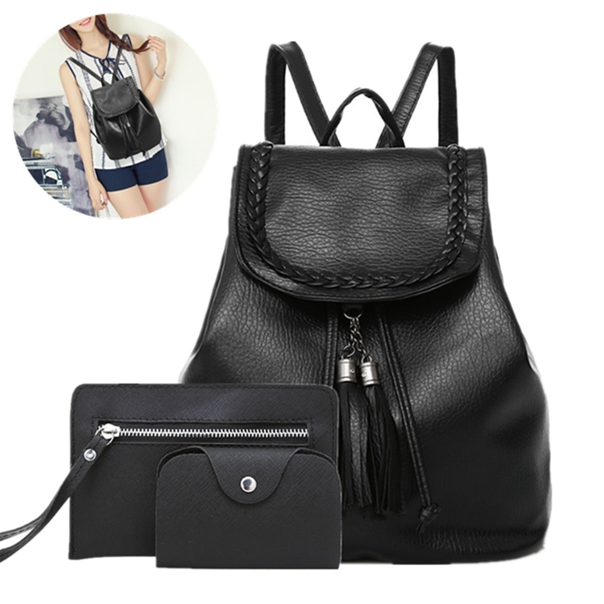 3pcs Women Girl Backpack Travel Rucksack PU Leather Handbag  Shoulder School Bag