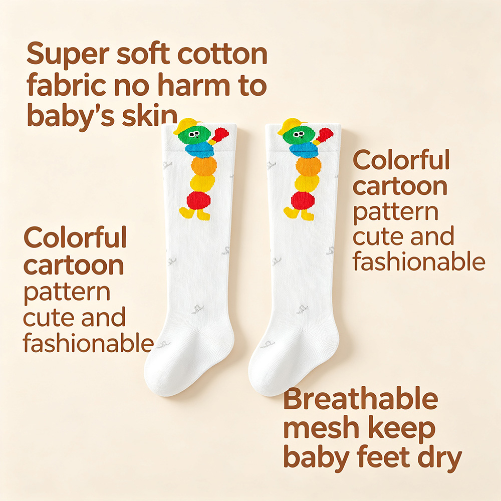 3 Pairs Baby Knee High Cotton Socks, Seamless Toe Infant Long Socks, Loose Cuff Anti Binding Toddler Socks, Cute Cartoon Breathable Baby Stockings For 0-3 Years Boys Girls