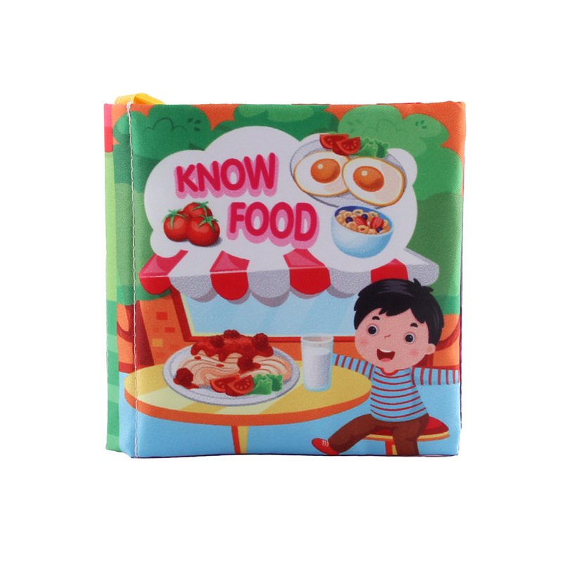 Baby Soft Cloth Book Early Educational Toys, Fruits Animals Numbers Food Cognitive Crinkle Sensory Learning Book for Infants Toddlers 12-72 Months, 8 Pages Washable