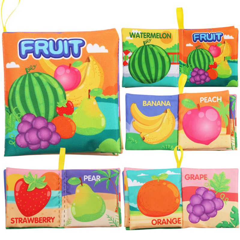 Baby Soft Cloth Book Early Educational Toys, Fruits Animals Numbers Food Cognitive Crinkle Sensory Learning Book for Infants Toddlers 12-72 Months, 8 Pages Washable