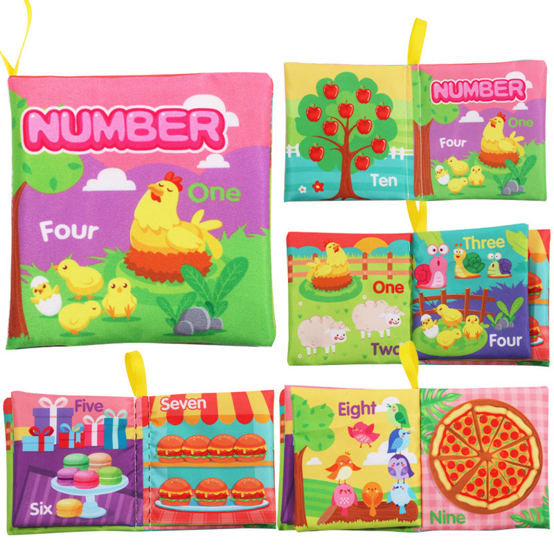 Baby Soft Cloth Book Early Educational Toys, Fruits Animals Numbers Food Cognitive Crinkle Sensory Learning Book for Infants Toddlers 12-72 Months, 8 Pages Washable