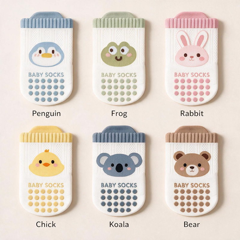 Infant Non-Slip Socks 6 Pairs, Breathable Mesh Cotton-Blend Baby Grip Socks for Crawling, Nursery and Indoor Play, 6 Animal Patterns for Boys and Girls, Suitable for babies aged 0-5 years old