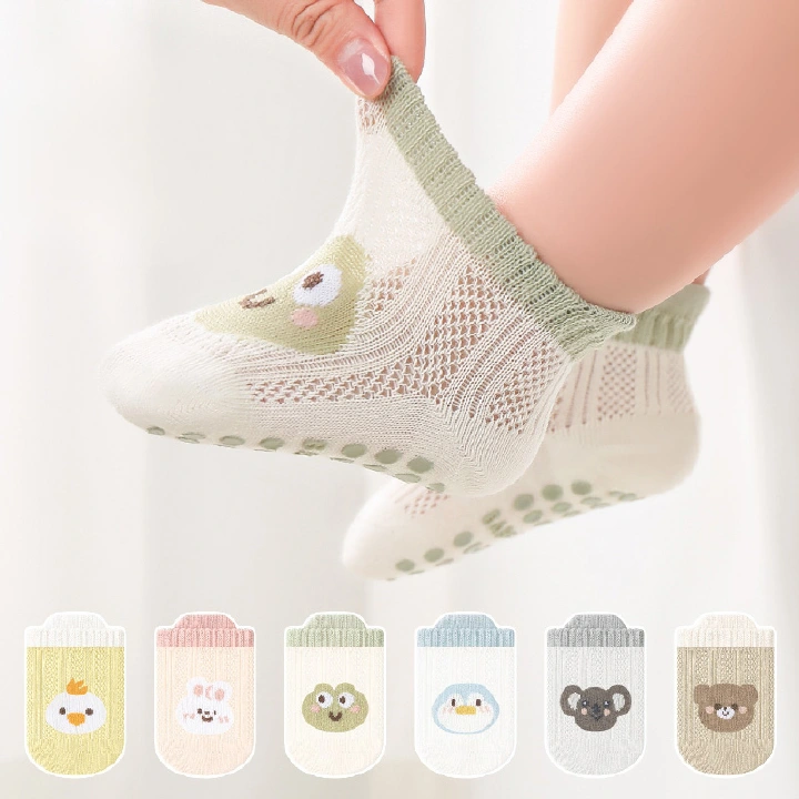 Infant Non-Slip Socks 6 Pairs, Breathable Mesh Cotton-Blend Baby Grip Socks for Crawling, Nursery and Indoor Play, 6 Animal Patterns for Boys and Girls, Suitable for babies aged 0-5 years old