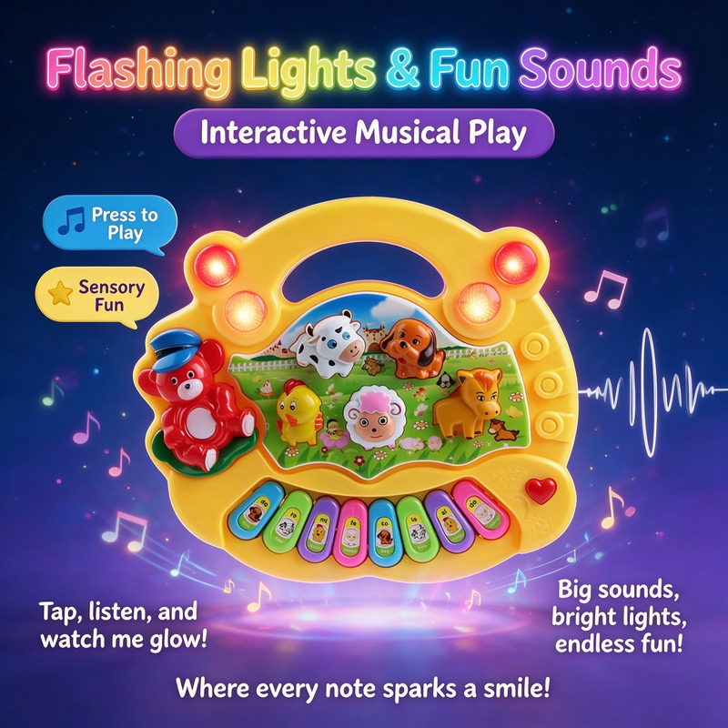 Farm Animal Musical Piano Toy, Educational Electronic Keyboard with Lights & Sounds for Kids, 4 Play Modes Learning Instrument for Toddlers, Animal Sound Music Toy Gift for Boys Girls Age 3+