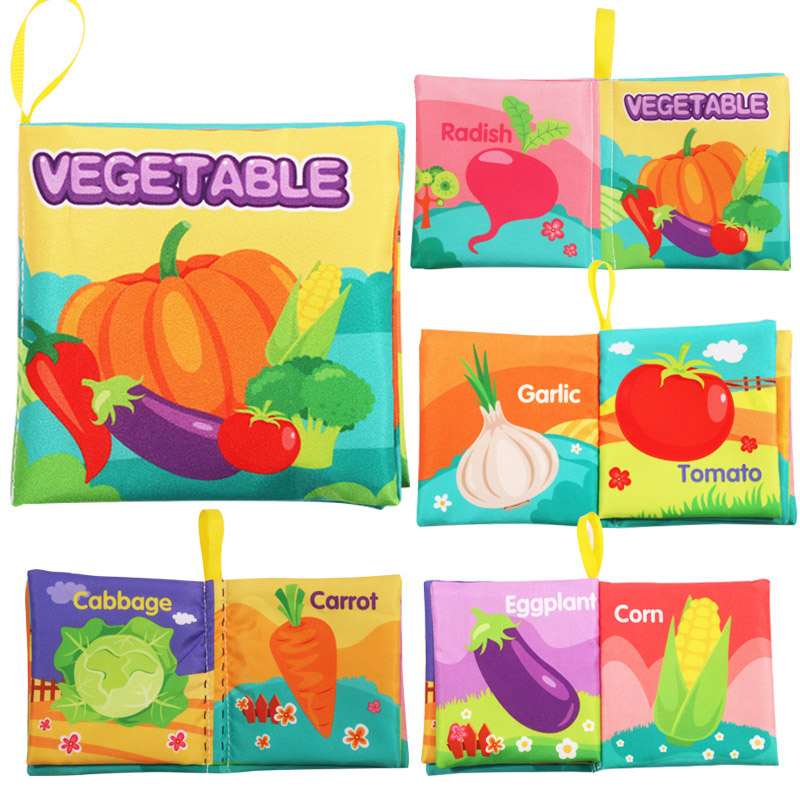 Baby Soft Cloth Book Early Educational Toys, Fruits Animals Numbers Food Cognitive Crinkle Sensory Learning Book for Infants Toddlers 12-72 Months, 8 Pages Washable