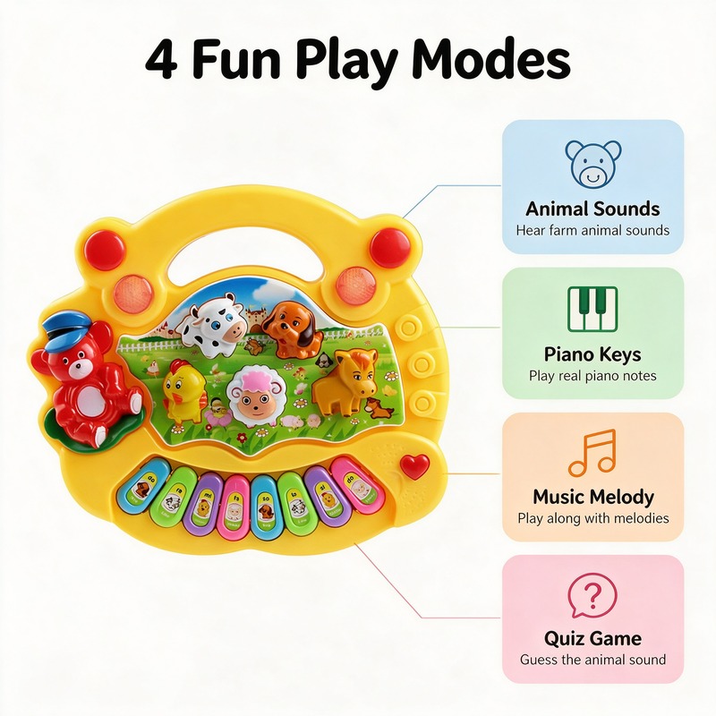 Farm Animal Musical Piano Toy, Educational Electronic Keyboard with Lights & Sounds for Kids, 4 Play Modes Learning Instrument for Toddlers, Animal Sound Music Toy Gift for Boys Girls Age 3+