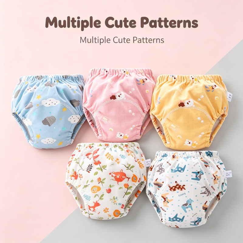 3-Pack Baby Boys Girls Potty Training Pants 6 Layer Gauze Waterproof Reusable Cotton Cloth Diapers Washable Toddler Underwear Breathable Leak-proof Learning Pants S/M/L 3 Random Patterns