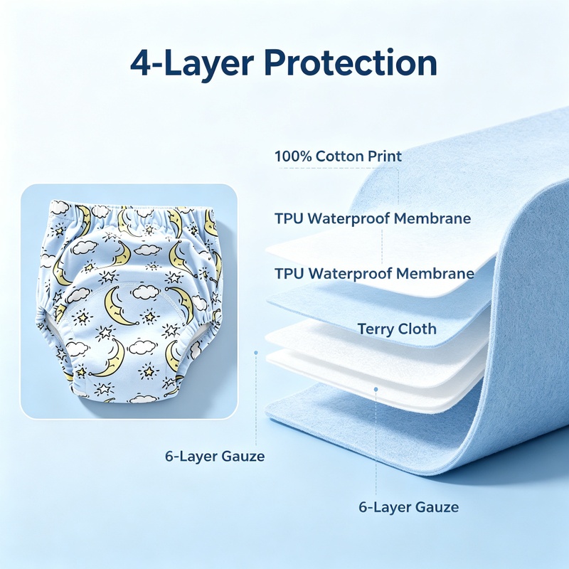 3-Pack Baby Boys Girls Potty Training Pants 6 Layer Gauze Waterproof Reusable Cotton Cloth Diapers Washable Toddler Underwear Breathable Leak-proof Learning Pants S/M/L 3 Random Patterns