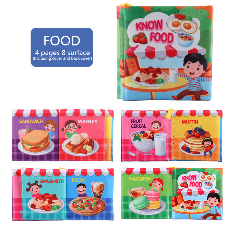 Baby Soft Cloth Book Early Educational Toys, Fruits Animals Numbers Food Cognitive Crinkle Sensory Learning Book for Infants Toddlers 12-72 Months, 8 Pages Washable