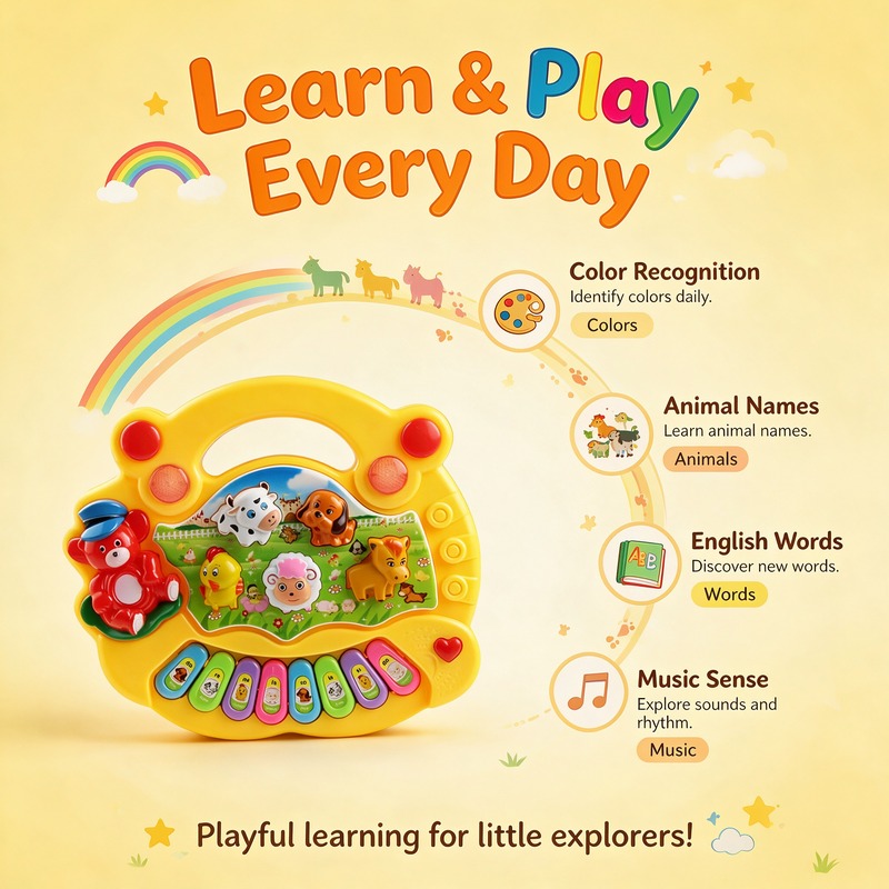 Farm Animal Musical Piano Toy, Educational Electronic Keyboard with Lights & Sounds for Kids, 4 Play Modes Learning Instrument for Toddlers, Animal Sound Music Toy Gift for Boys Girls Age 3+