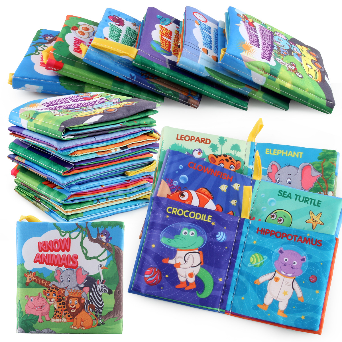Baby Soft Cloth Book Early Educational Toys, Fruits Animals Numbers Food Cognitive Crinkle Sensory Learning Book for Infants Toddlers 12-72 Months, 8 Pages Washable