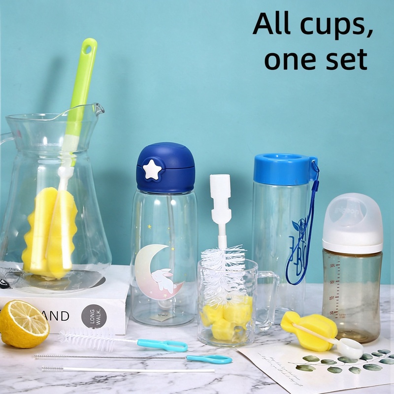 Baby Bottle Brush Set 6 Pack, Sponge Bottle Cleaner with Nylon Nipple Brush and Straw Brushes, Long Handle Cleaning Kit for Infant Bottles Cups Tumblers, Blister Pack