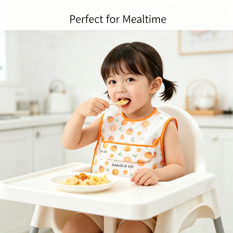 Waterproof Baby Bib Apron for Infant Toddler 0-2 Years Self Feeding, Sleeveless Polyester Feeding Bib with Large Crumb Catcher Pocket, Cartoon Print Wipe Clean Stain Resistant, One Size