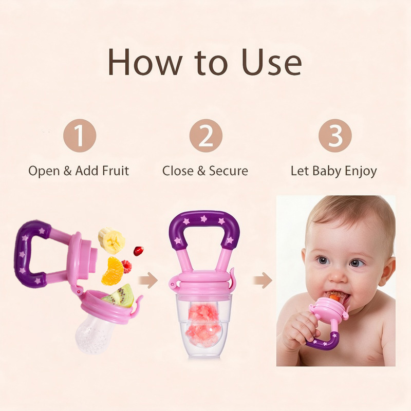 Baby Fruit Feeder Pacifier, Food-Grade Silicone Teething Toy with Star Handle, BPA-Free Infant Fruit Vegetable Feeder, 2mm Holes, Dust Cap, for 4-6 Months, 4 Colors