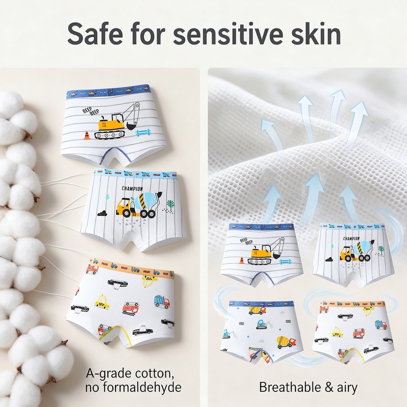 Boys Cotton Boxer Briefs 4 Pack A-Class Soft 95% Cotton 5% Elastane Antibacterial Mesh U-Shape Crotch Wide Waistband Cartoon Prints for Boys 8-38kg