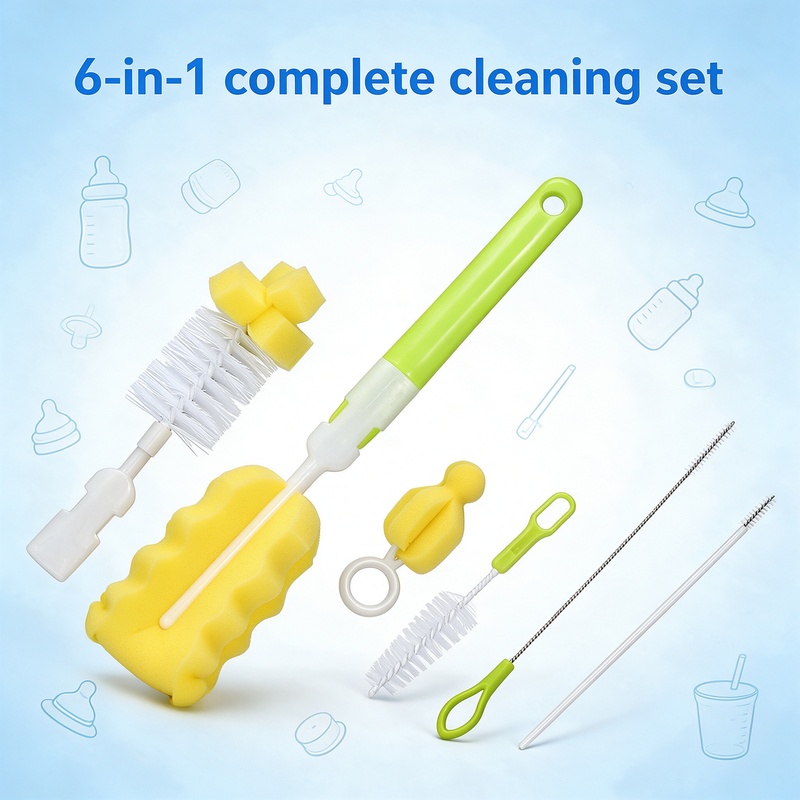Baby Bottle Brush Set 6 Pack, Sponge Bottle Cleaner with Nylon Nipple Brush and Straw Brushes, Long Handle Cleaning Kit for Infant Bottles Cups Tumblers, Blister Pack
