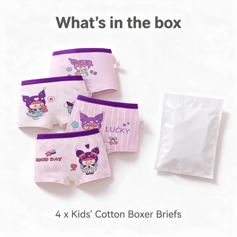 Girls Cotton Boxer Briefs 4 Pack A-Class Soft 95% Cotton 7A Antibacterial Crotch 3D Ergonomic No Ride-Up Wide Waistband Tagless Cute Prints for Girls M-4XL 10-60kg