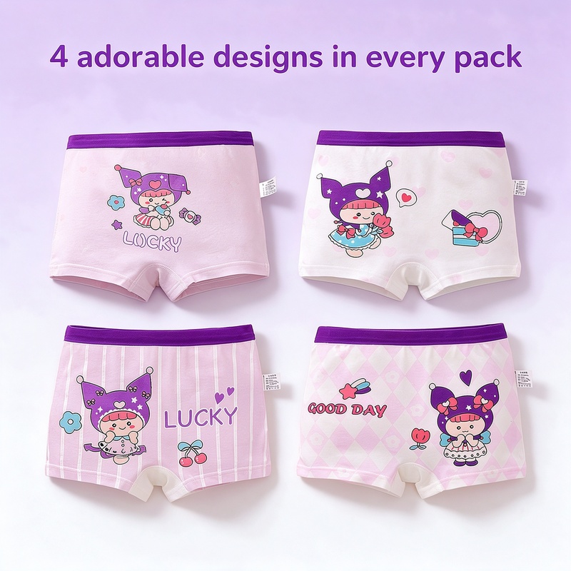 Girls Cotton Boxer Briefs 4 Pack A-Class Soft 95% Cotton 7A Antibacterial Crotch 3D Ergonomic No Ride-Up Wide Waistband Tagless Cute Prints for Girls M-4XL 10-60kg