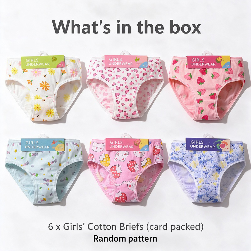 100% Cotton Girls Briefs 6 Pack, Soft Breathable Triangle Underwear for Baby Girls 7-13kg, Picot Lace Edge Elastic Waistband, Assorted Cute Prints, 3 Sizes by Weight