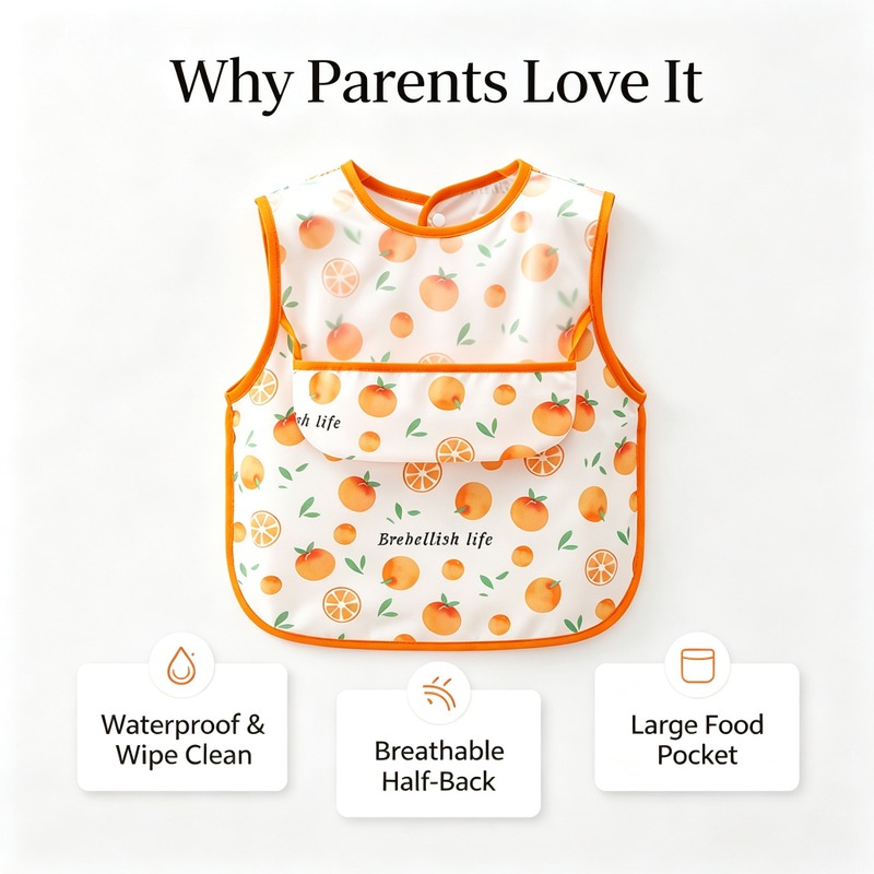 Waterproof Baby Bib Apron for Infant Toddler 0-2 Years Self Feeding, Sleeveless Polyester Feeding Bib with Large Crumb Catcher Pocket, Cartoon Print Wipe Clean Stain Resistant, One Size