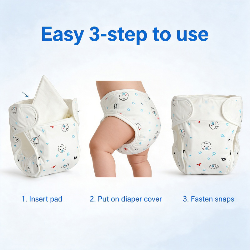 Baby Cloth Diaper Cover, Reusable Waterproof Diaper Nappy Pants with 3 Inserts, Pure Cotton Breathable Adjustable Velcro Waist, Leak-Proof for Newborn Toddlers 0-12 Months, Colors shipped at random