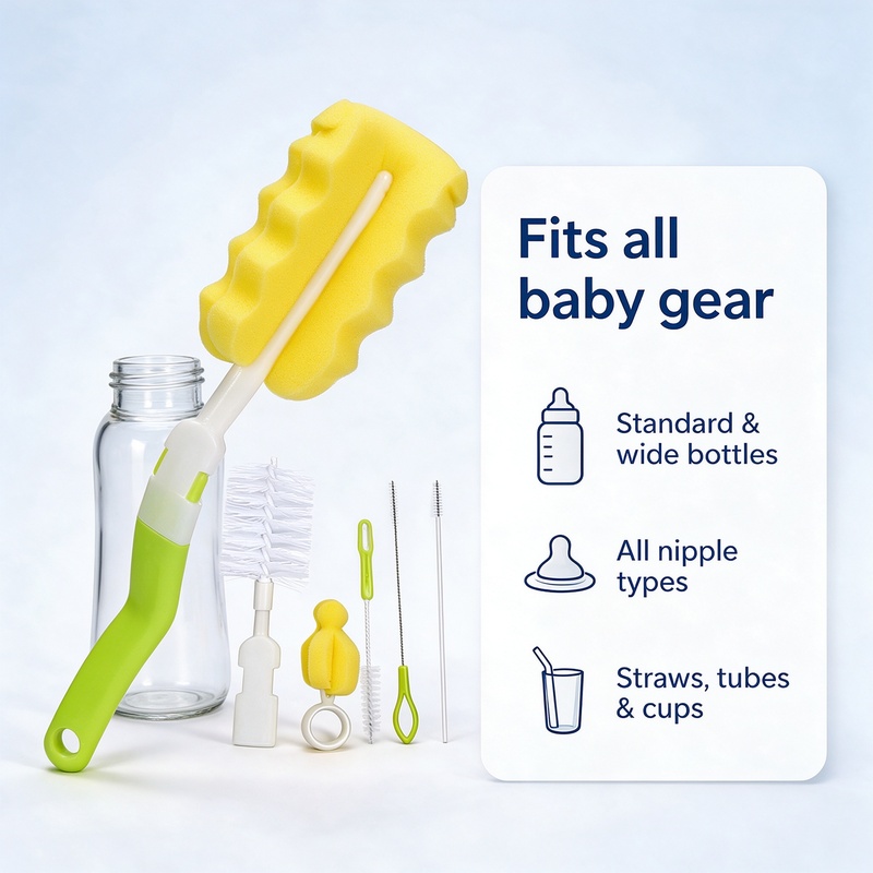 Baby Bottle Brush Set 6 Pack, Sponge Bottle Cleaner with Nylon Nipple Brush and Straw Brushes, Long Handle Cleaning Kit for Infant Bottles Cups Tumblers, Blister Pack