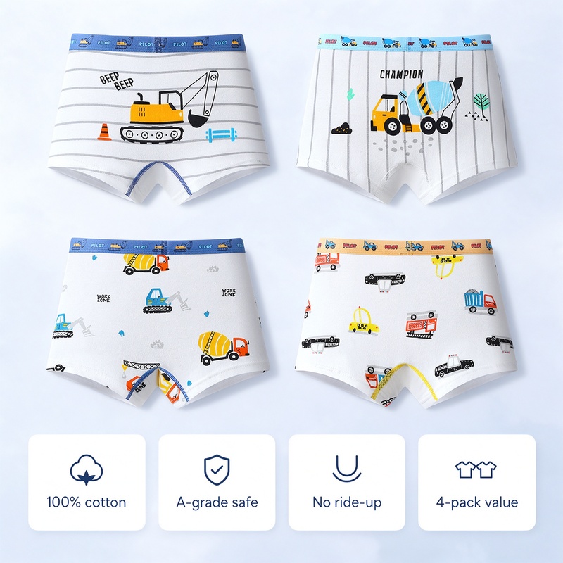 Boys Cotton Boxer Briefs 4 Pack A-Class Soft 95% Cotton 5% Elastane Antibacterial Mesh U-Shape Crotch Wide Waistband Cartoon Prints for Boys 8-38kg