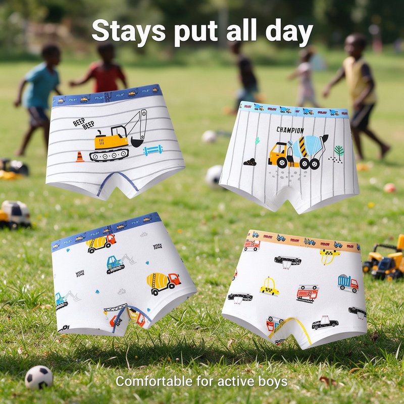Boys Cotton Boxer Briefs 4 Pack A-Class Soft 95% Cotton 5% Elastane Antibacterial Mesh U-Shape Crotch Wide Waistband Cartoon Prints for Boys 8-38kg