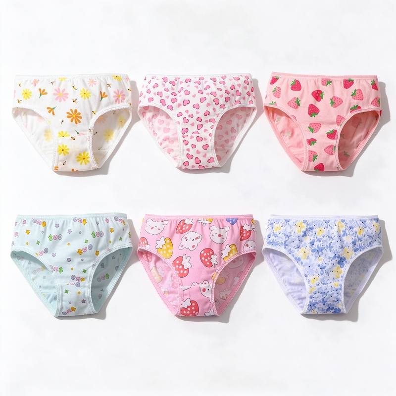 100% Cotton Girls Briefs 6 Pack, Soft Breathable Triangle Underwear for Baby Girls 7-13kg, Picot Lace Edge Elastic Waistband, Assorted Cute Prints, 3 Sizes by Weight