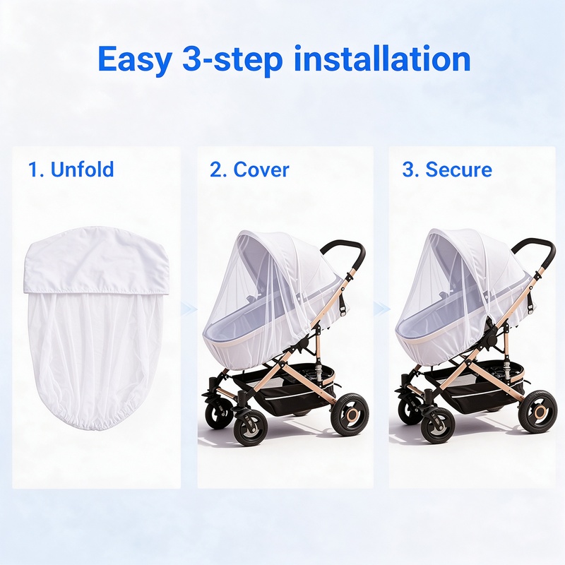 Universal Baby Stroller Mosquito Net Full Cover, Dense Mesh Insect Netting for Infant Pushchair Pram, 360 Degree Protection Easy Install, Fits Most Strollers, Cream White