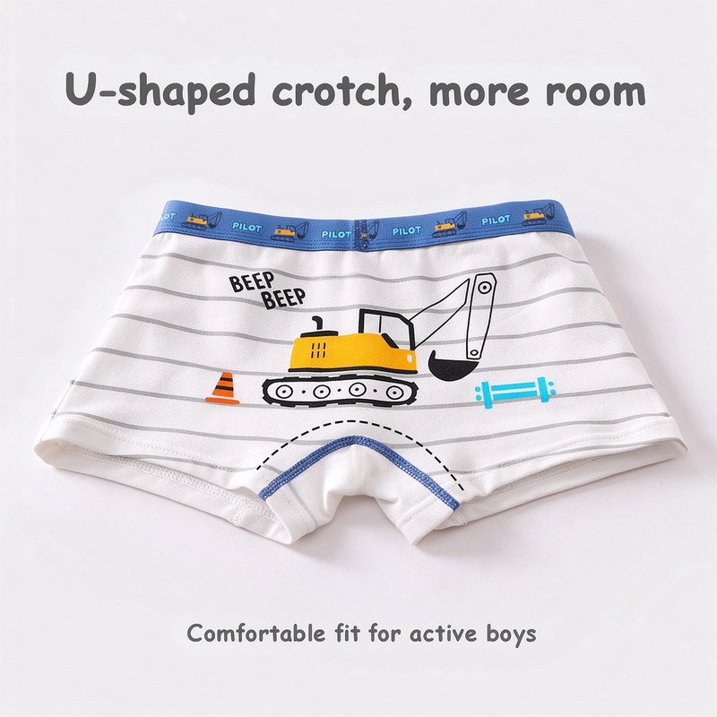Boys Cotton Boxer Briefs 4 Pack A-Class Soft 95% Cotton 5% Elastane Antibacterial Mesh U-Shape Crotch Wide Waistband Cartoon Prints for Boys 8-38kg