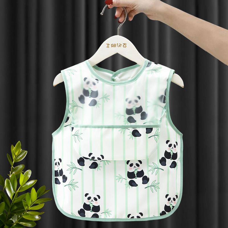 Waterproof Baby Bib Apron for Infant Toddler 0-2 Years Self Feeding, Sleeveless Polyester Feeding Bib with Large Crumb Catcher Pocket, Cartoon Print Wipe Clean Stain Resistant, One Size