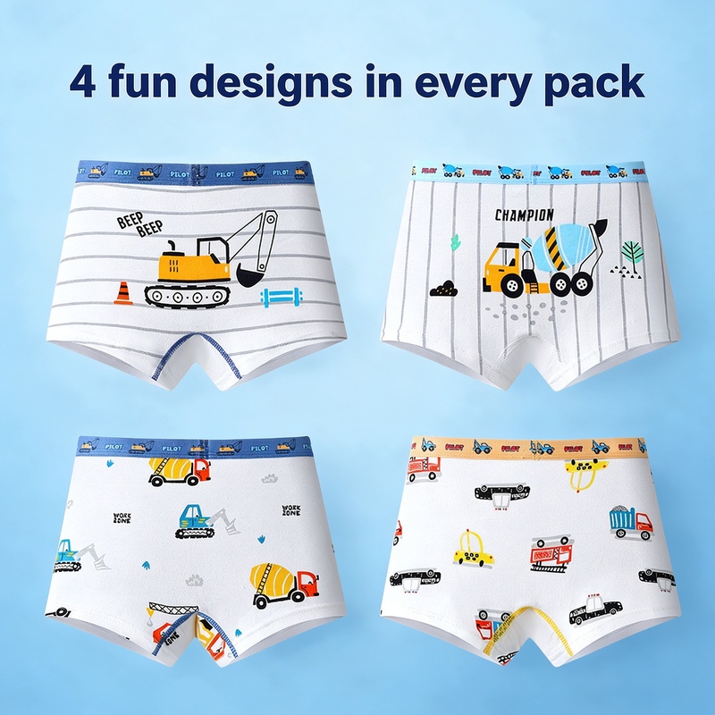 Boys Cotton Boxer Briefs 4 Pack A-Class Soft 95% Cotton 5% Elastane Antibacterial Mesh U-Shape Crotch Wide Waistband Cartoon Prints for Boys 8-38kg