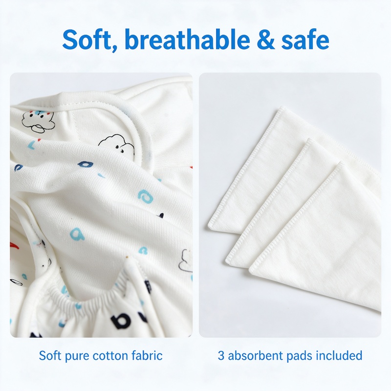 Baby Cloth Diaper Cover, Reusable Waterproof Diaper Nappy Pants with 3 Inserts, Pure Cotton Breathable Adjustable Velcro Waist, Leak-Proof for Newborn Toddlers 0-12 Months, Colors shipped at random