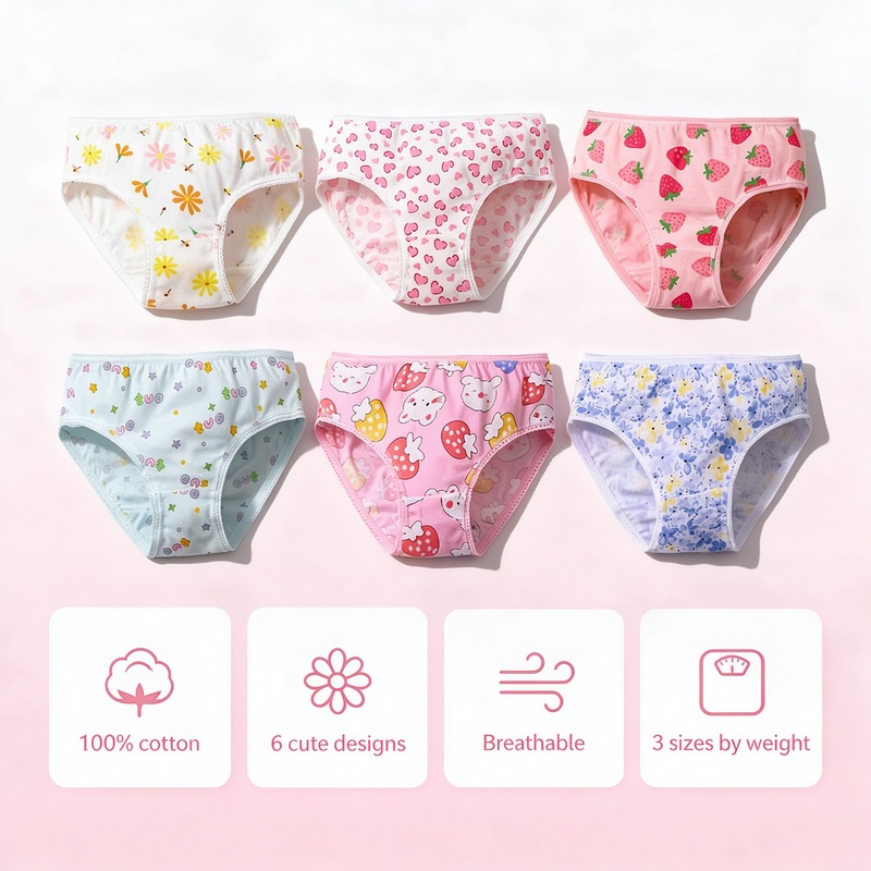 100% Cotton Girls Briefs 6 Pack, Soft Breathable Triangle Underwear for Baby Girls 7-13kg, Picot Lace Edge Elastic Waistband, Assorted Cute Prints, 3 Sizes by Weight
