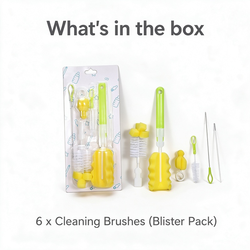 Baby Bottle Brush Set 6 Pack, Sponge Bottle Cleaner with Nylon Nipple Brush and Straw Brushes, Long Handle Cleaning Kit for Infant Bottles Cups Tumblers, Blister Pack