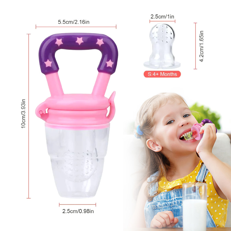 Baby Fruit Feeder Pacifier, Food-Grade Silicone Teething Toy with Star Handle, BPA-Free Infant Fruit Vegetable Feeder, 2mm Holes, Dust Cap, for 4-6 Months, 4 Colors