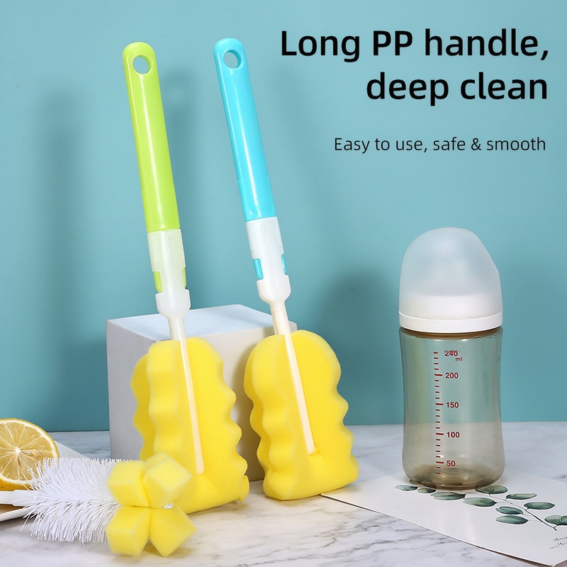 Baby Bottle Brush Set 6 Pack, Sponge Bottle Cleaner with Nylon Nipple Brush and Straw Brushes, Long Handle Cleaning Kit for Infant Bottles Cups Tumblers, Blister Pack