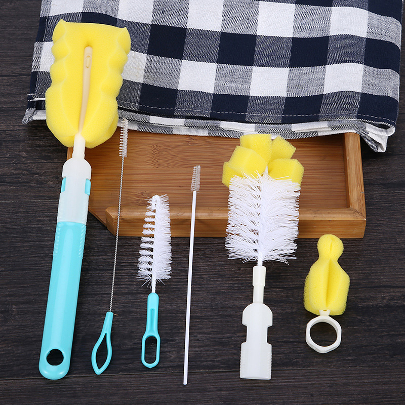 Baby Bottle Brush Set 6 Pack, Sponge Bottle Cleaner with Nylon Nipple Brush and Straw Brushes, Long Handle Cleaning Kit for Infant Bottles Cups Tumblers, Blister Pack